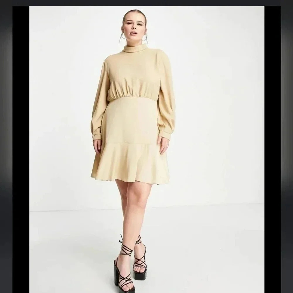 Closet London Plus Size High Neck Knee Length Dress in Stone(22)